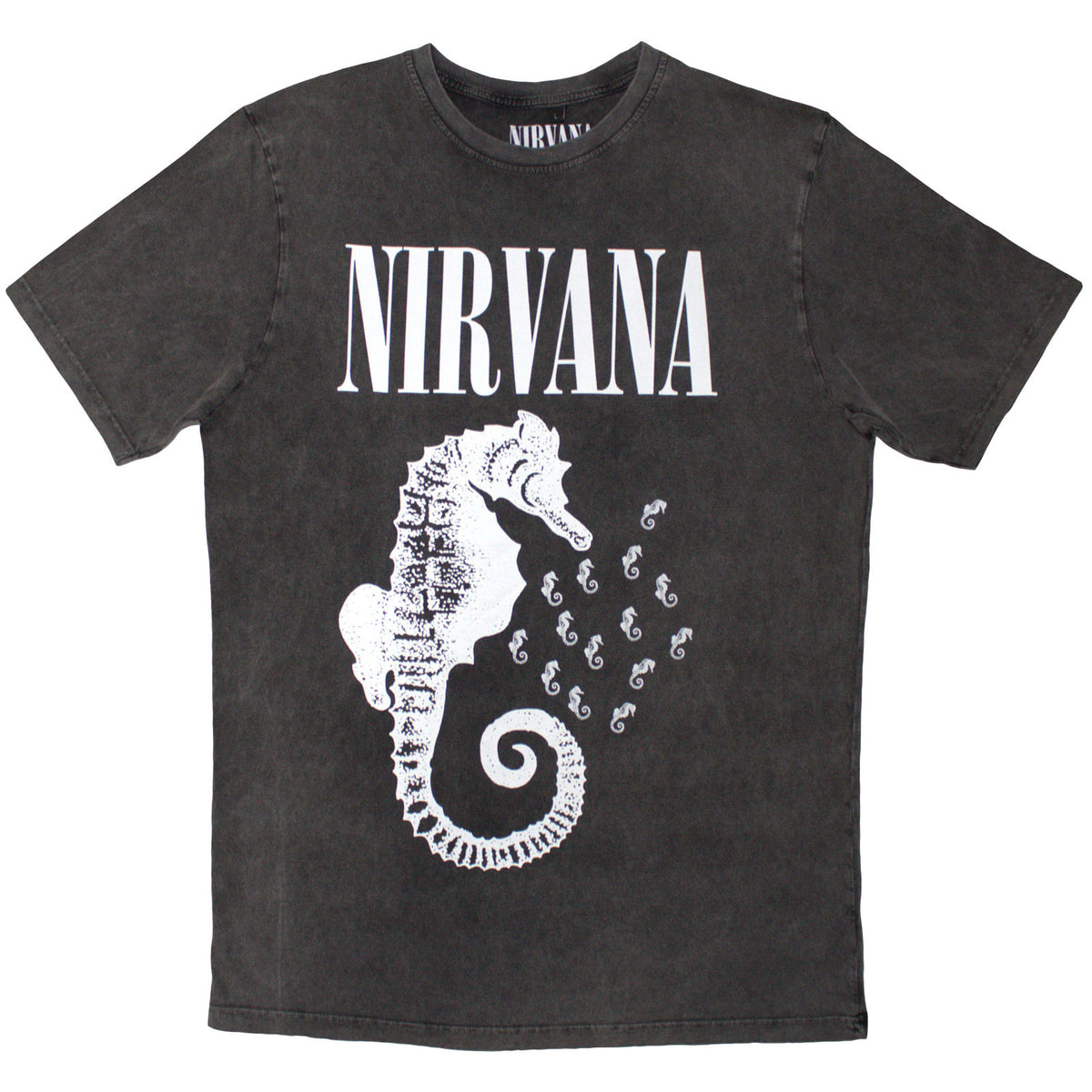 Nirvana Unisex Stone Wash T-Shirt: Seahorse & Logo Mono (Charcoal Grey)