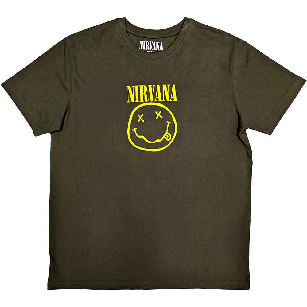 Nirvana Unisex T-Shirt: Yellow Happy Face (Green)