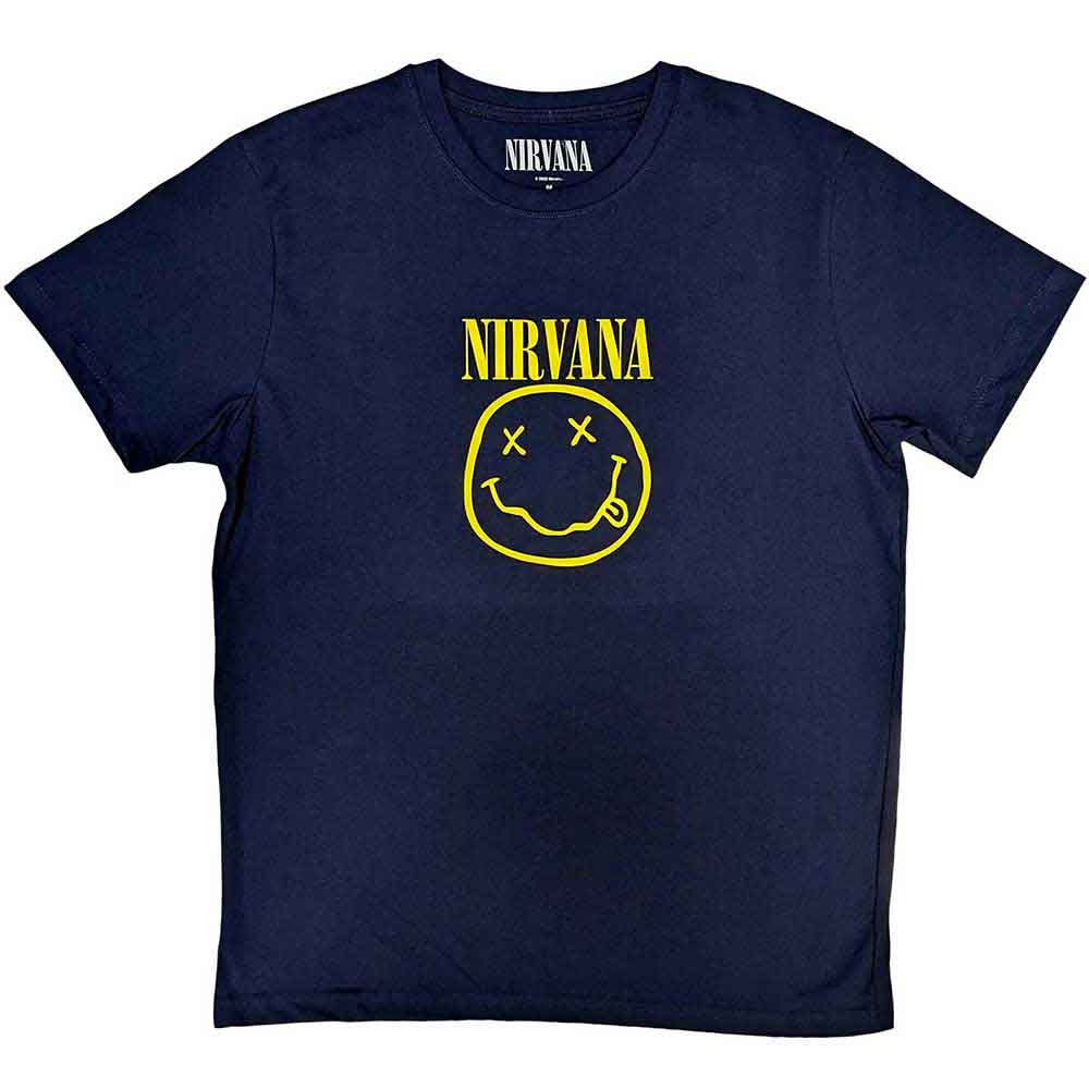 Nirvana Unisex T-Shirt: Yellow Happy Face (Navy Blue)