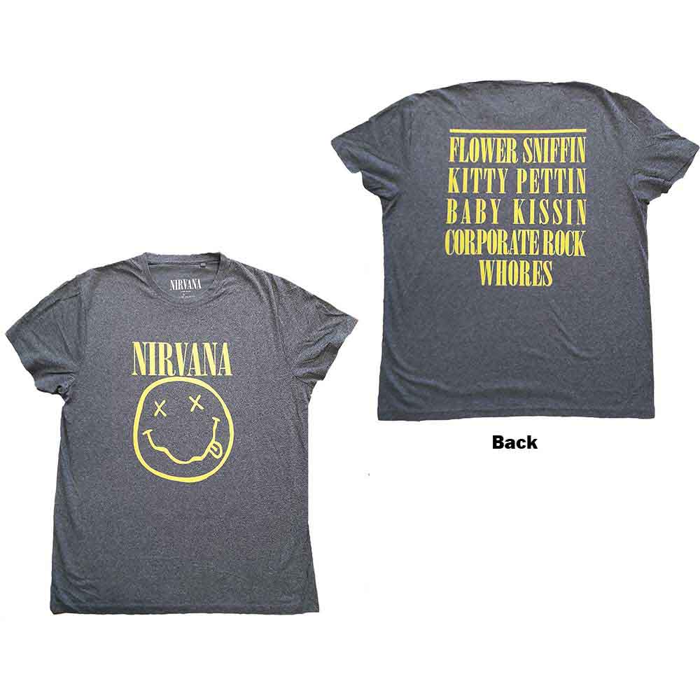 Nirvana Unisex T-Shirt: Yellow Happy Face (Brindle) (Back Print)