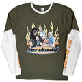 No Doubt Unisex 2 In 1 Layered Long Sleeve T-Shirt: Flames (Green & White) (Sleeve Print)