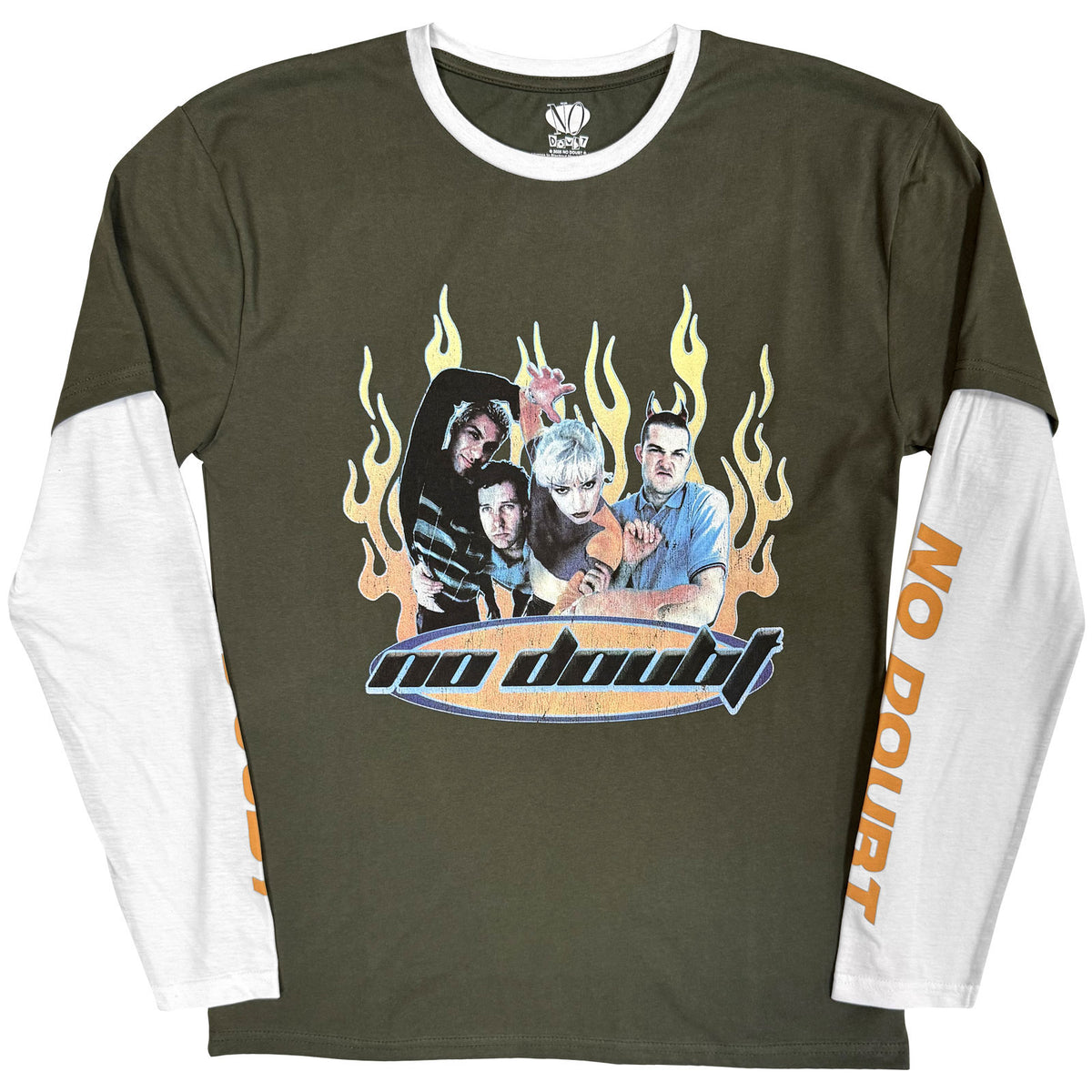 No Doubt Unisex 2 In 1 Layered Long Sleeve T-Shirt: Flames (Green & White) (Sleeve Print)