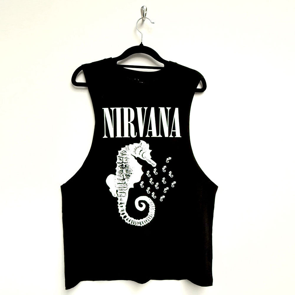 Nirvana: Seahorse & Logo Mono Unisex Vest T-Shirt (Black)