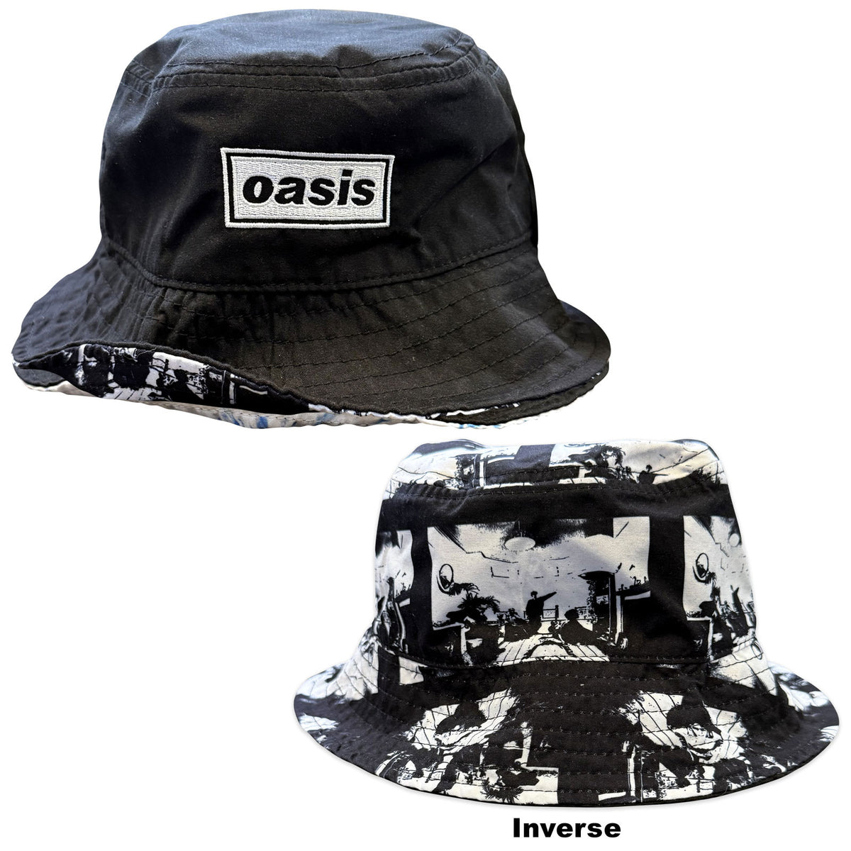 Oasis Unisex Bucket Hat: Decca Logo / Definitely Maybe Reversible (Black) (Ex-Tour)