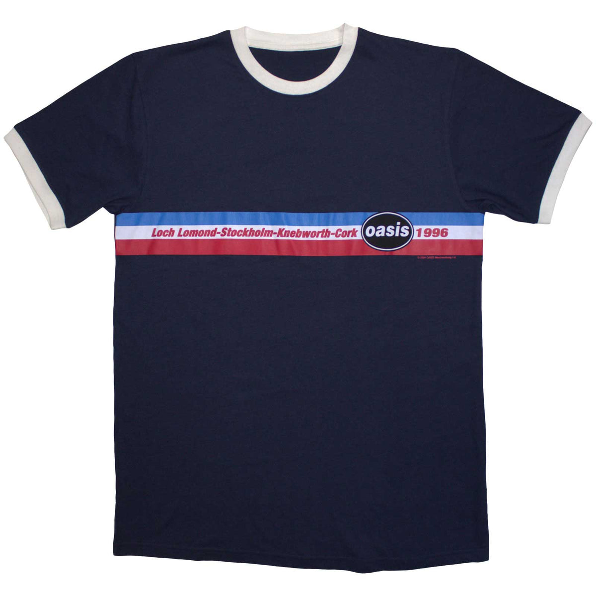 Oasis Unisex Ringer T-Shirt: 1996 Tour Horizontal Stripes (Navy Blue)