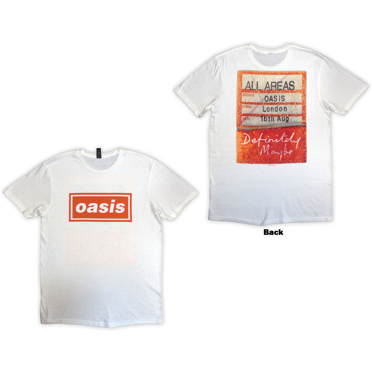 Oasis Unisex T-Shirt: Definitely Maybe AAA Pass (White) (Back Print)