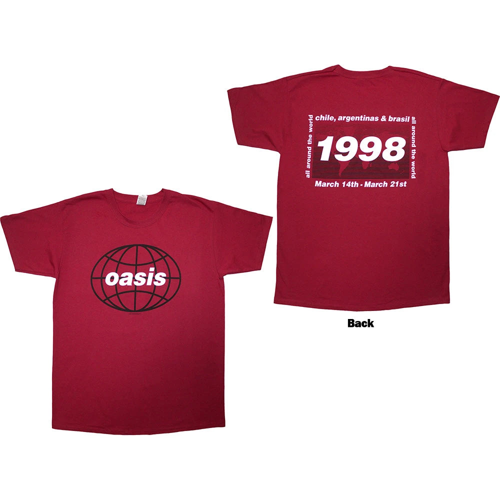 Oasis: 1998 World Tour Unisex T-Shirt - South America (Red) (Back Print)