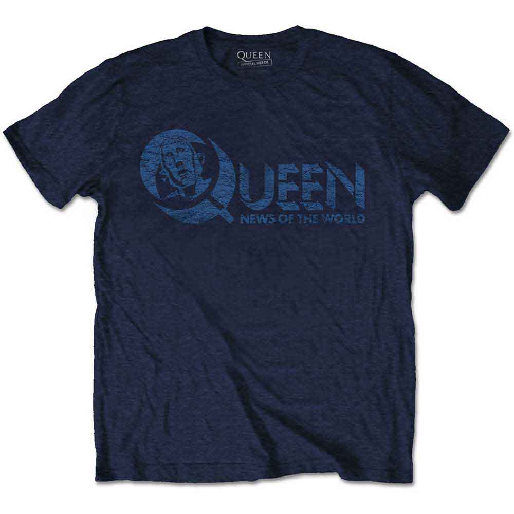Queen Unisex T-Shirt: News of the World 40th Vintage Logo (Navy Blue) (Back Print)