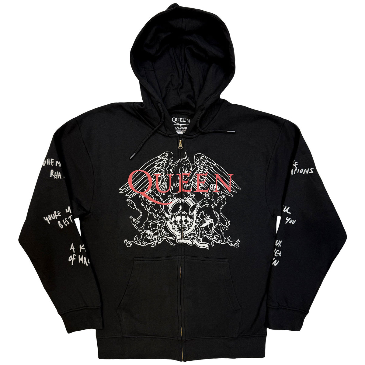Queen Unisex Zipped Hoodie: Logo & Crest Outline (Charcoal Grey)