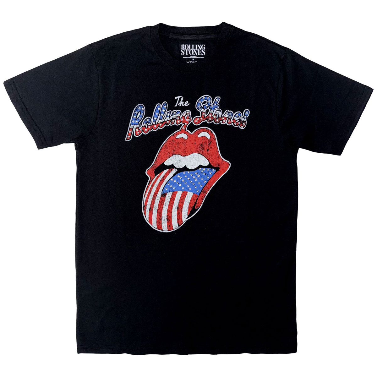 The Rolling Stones Unisex T-Shirt: USA Tongue (Black) (Embellished)