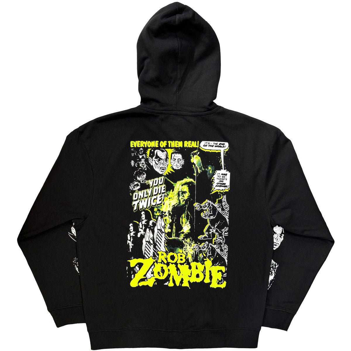 Rob Zombie Unisex Zipped Hoodie: Die Twice (Black) (Back & Sleeve Print)