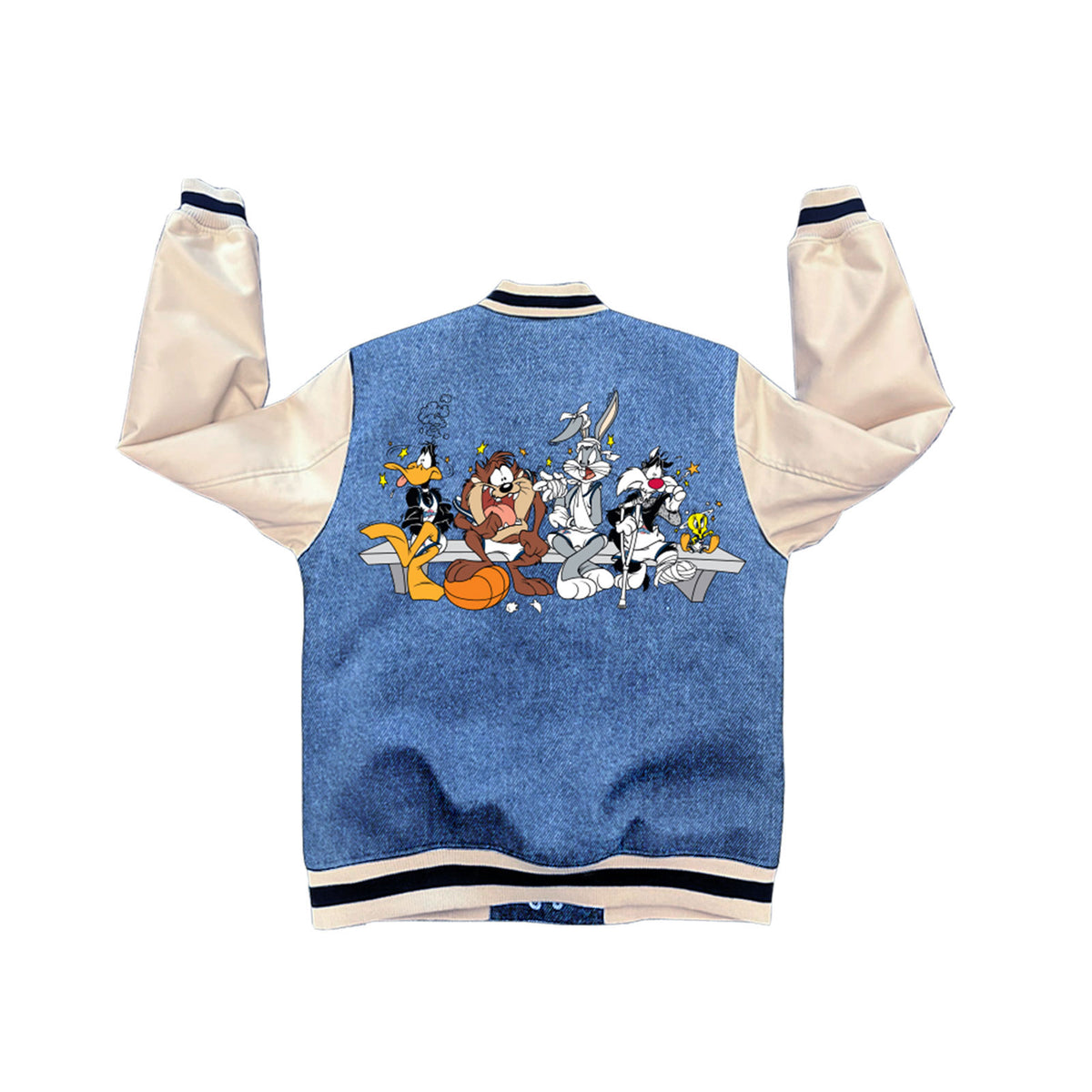 Space Jam Unisex Varsity Jacket: Bench Warmers Washed (Denim White) (Back Print)