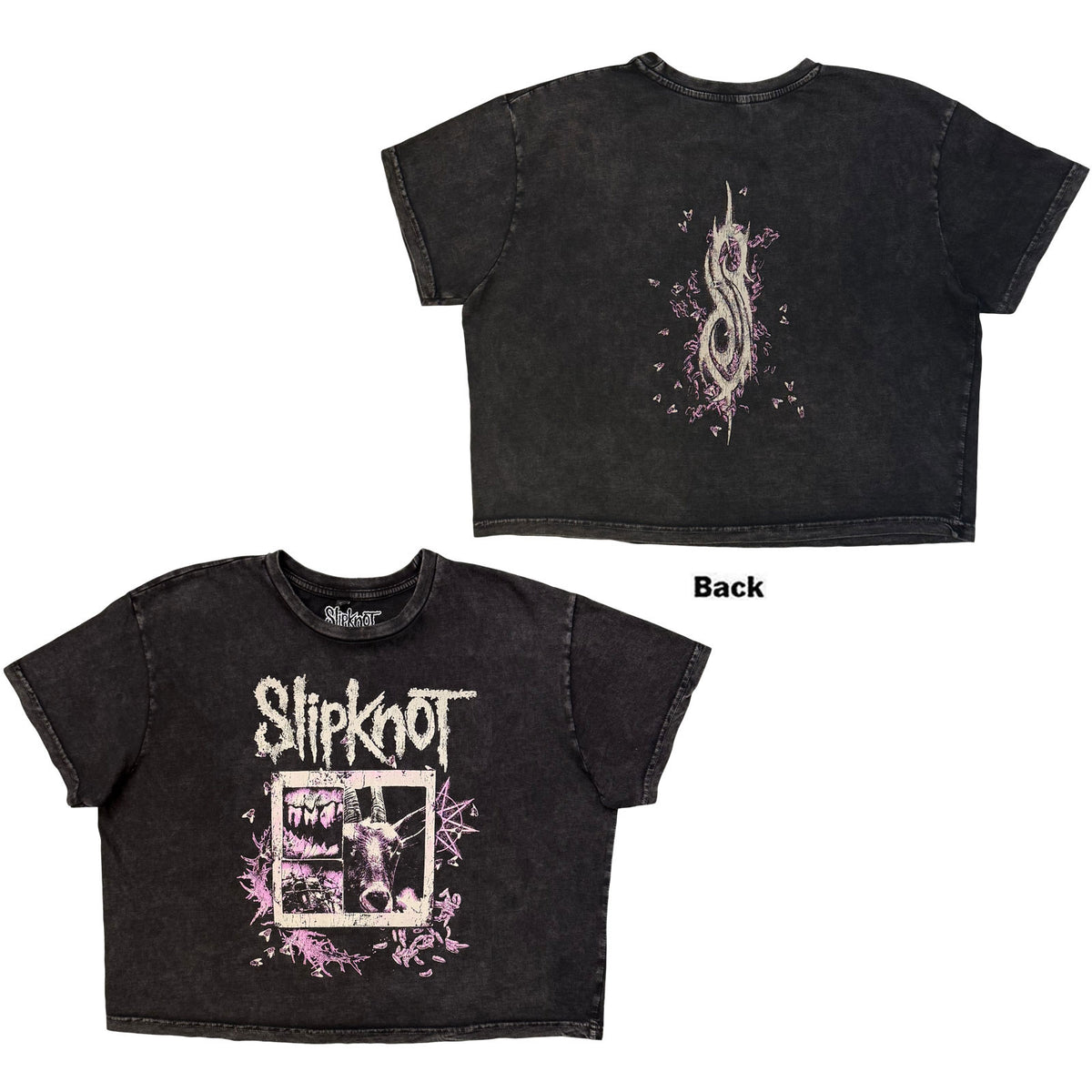 Slipknot Ladies Stone Wash Crop Top: Butterfly Goatee (Charcoal Grey) (Back Print)