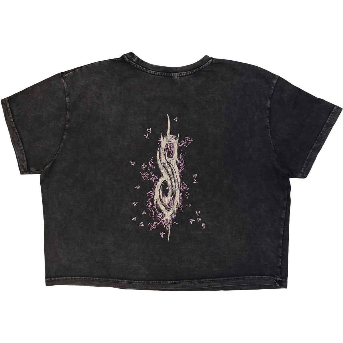 Slipknot Ladies Stone Wash Crop Top: Butterfly Goatee (Charcoal Grey) (Back Print)