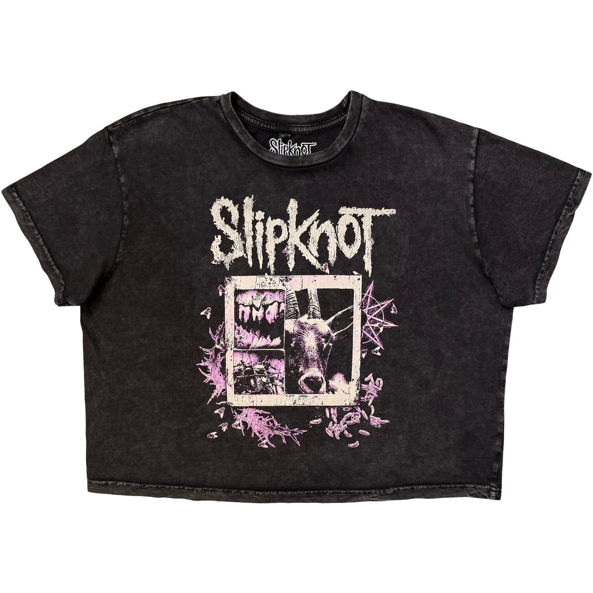 Slipknot Ladies Stone Wash Crop Top: Butterfly Goatee (Charcoal Grey) (Back Print)