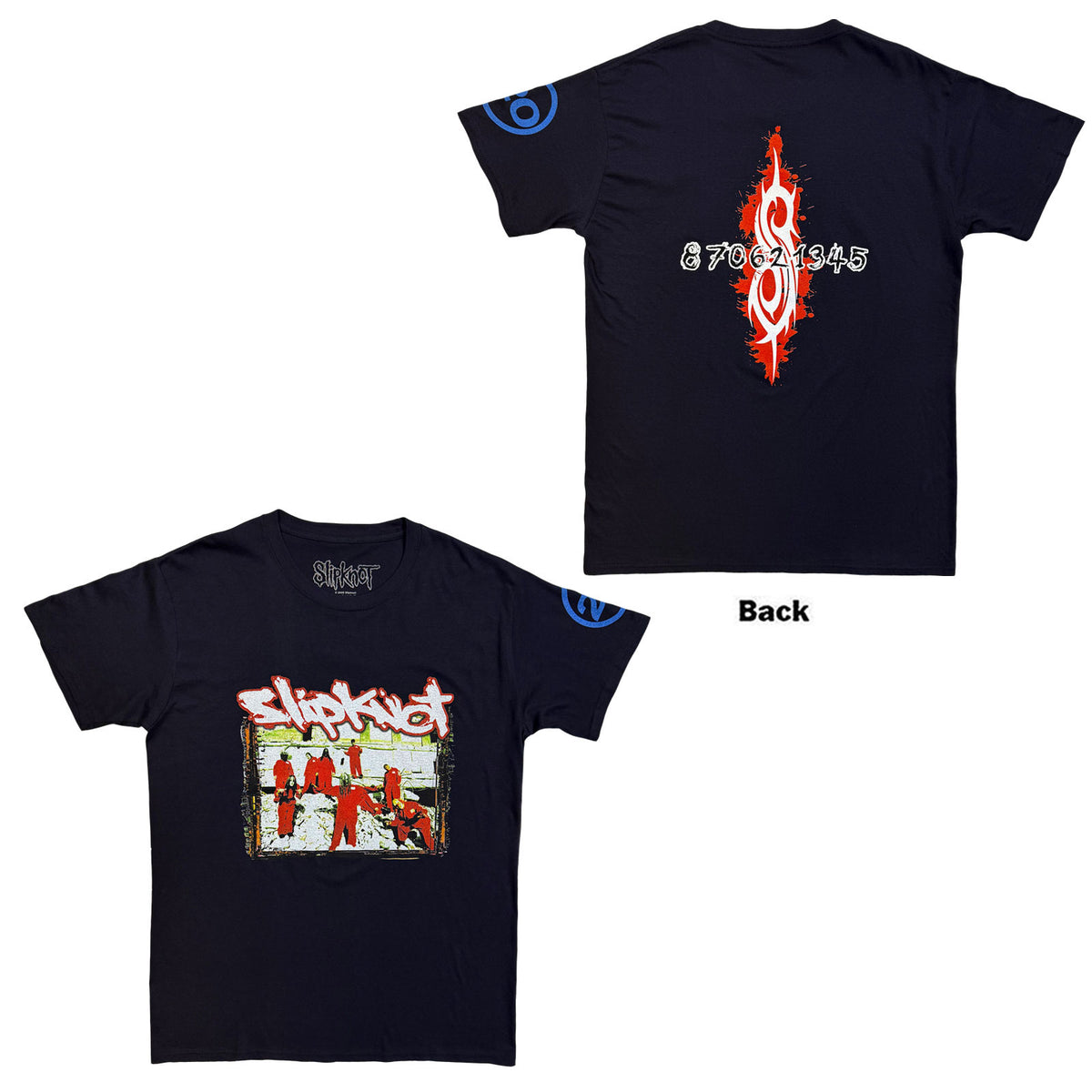 Slipknot Unisex T-Shirt: 20th Anniversary - Red Jump Suits (Navy Blue) (Back & Sleeve Print)