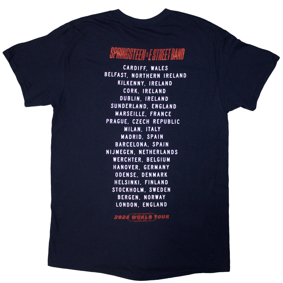 Bruce Springsteen Unisex T-Shirt: Tour '24 Guitar Photo (Navy Blue) (Back Print & Ex-Tour)