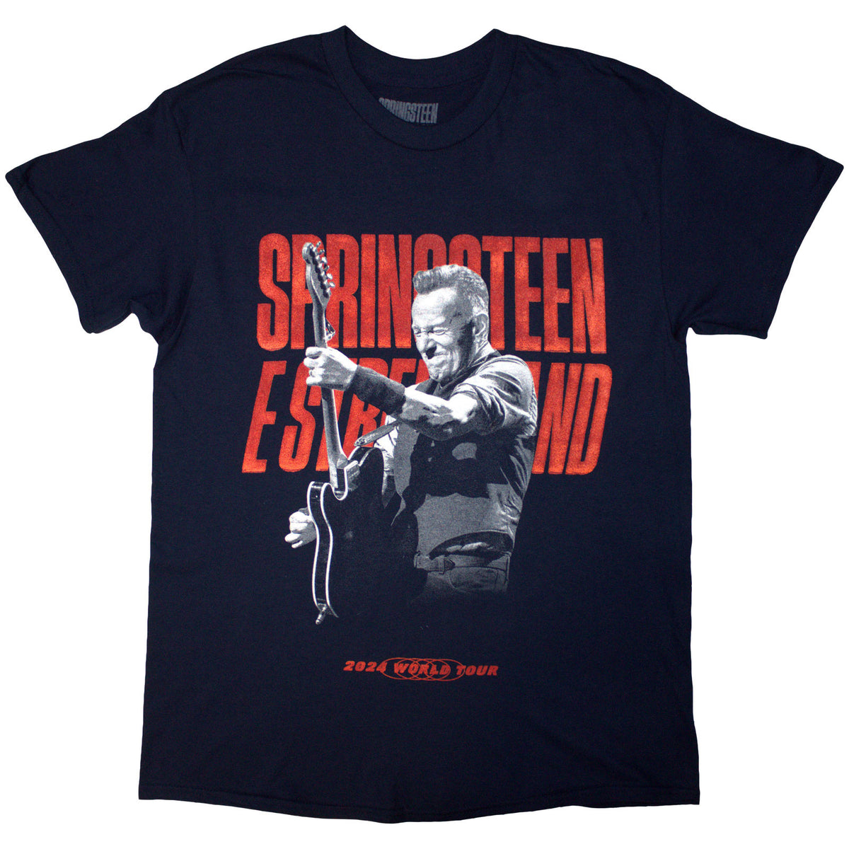 Bruce Springsteen Unisex T-Shirt: Tour '24 Guitar Photo (Navy Blue) (Back Print & Ex-Tour)