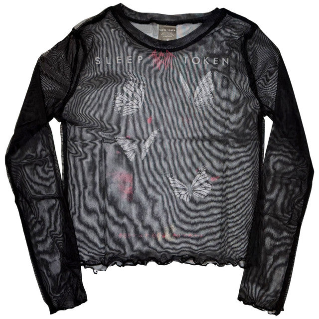Sleep Token: Butterflies Ladies Long Sleeve Mesh Crop Top (Black)