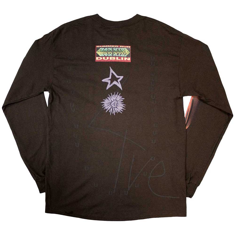 Travis Scott Unisex Long Sleeve T-Shirt: Summer Run 2023 Dublin (Brown) (Back Print & Ex-Tour)