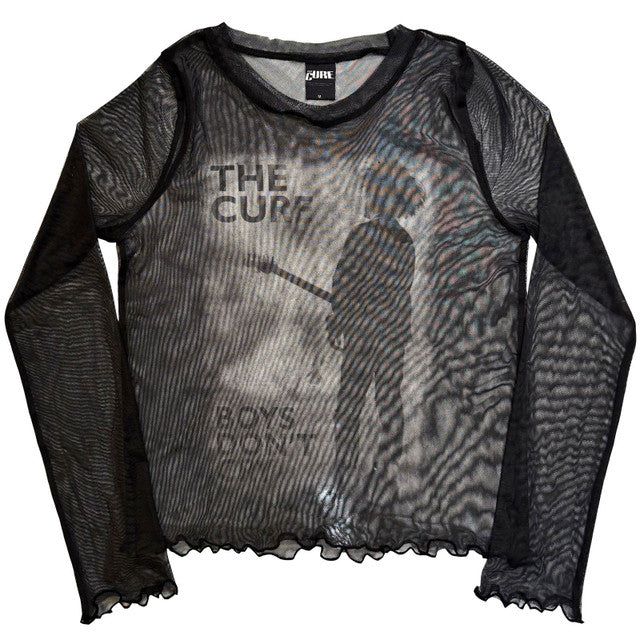 The Cure: Boys Don't Cry B&W Ladies Long Sleeve Mesh Crop Top (Black)