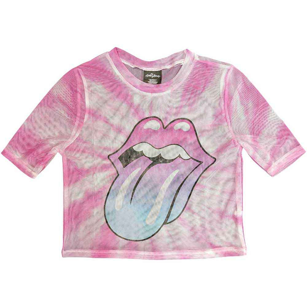 The Rolling Stones: Pink Gradient Tongue Ladies Mesh Crop Top (White)