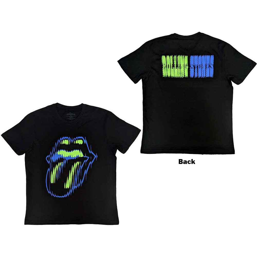 The Rolling Stones: Distorted Tongue Unisex T-Shirt (Black) (Back Print)