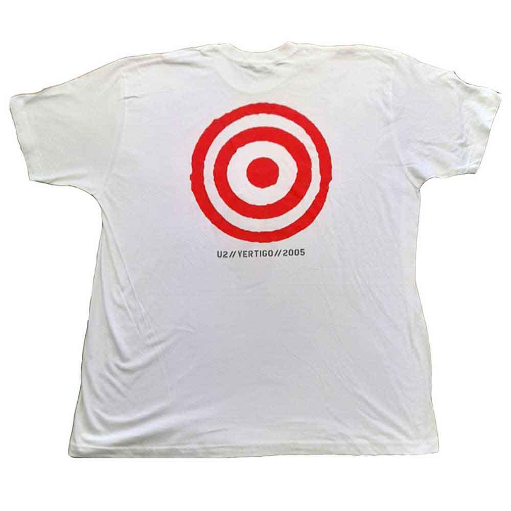 U2 Unisex T-Shirt: U2 Vertigo Tour 2005 Red V (White) (Back Print & Ex-Tour)