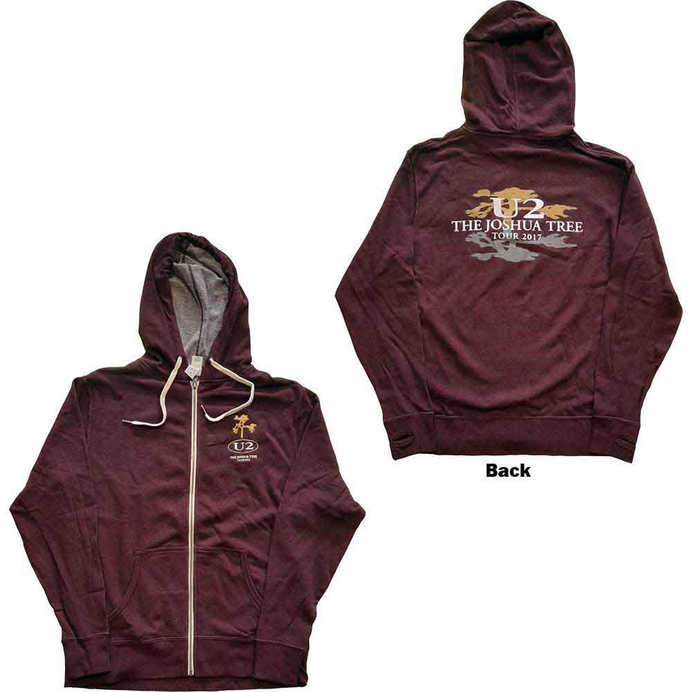 U2: Joshua Tree 2017 Unisex Zipped Hoodie (Maroon Red) (Back Print & Ex-Tour) (Small)