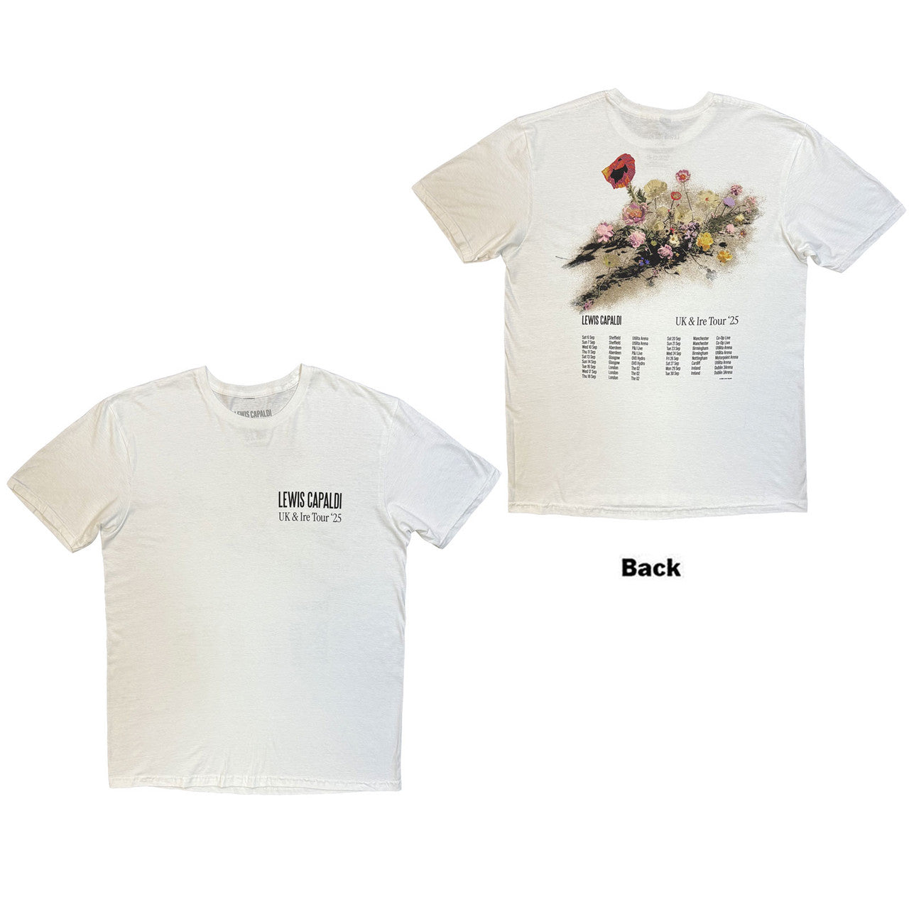Lewis Capaldi Unisex T-Shirt Flowers UK Tour '25 (White) (Back Print) (Ex-Tour)