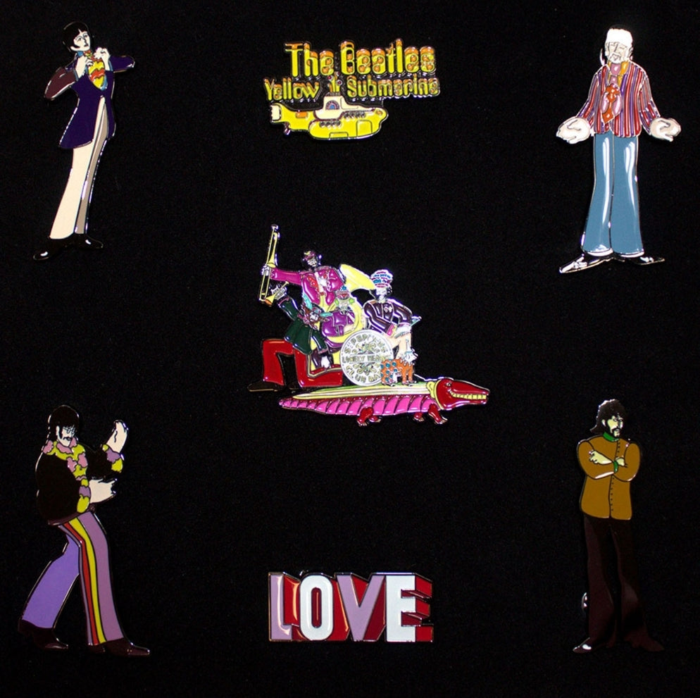 Official The Beatles Yellow Submarine Band Pin Badge Set - 7 Large 70mm Zinc Alloy Enamel Pins in Lined Card Box
