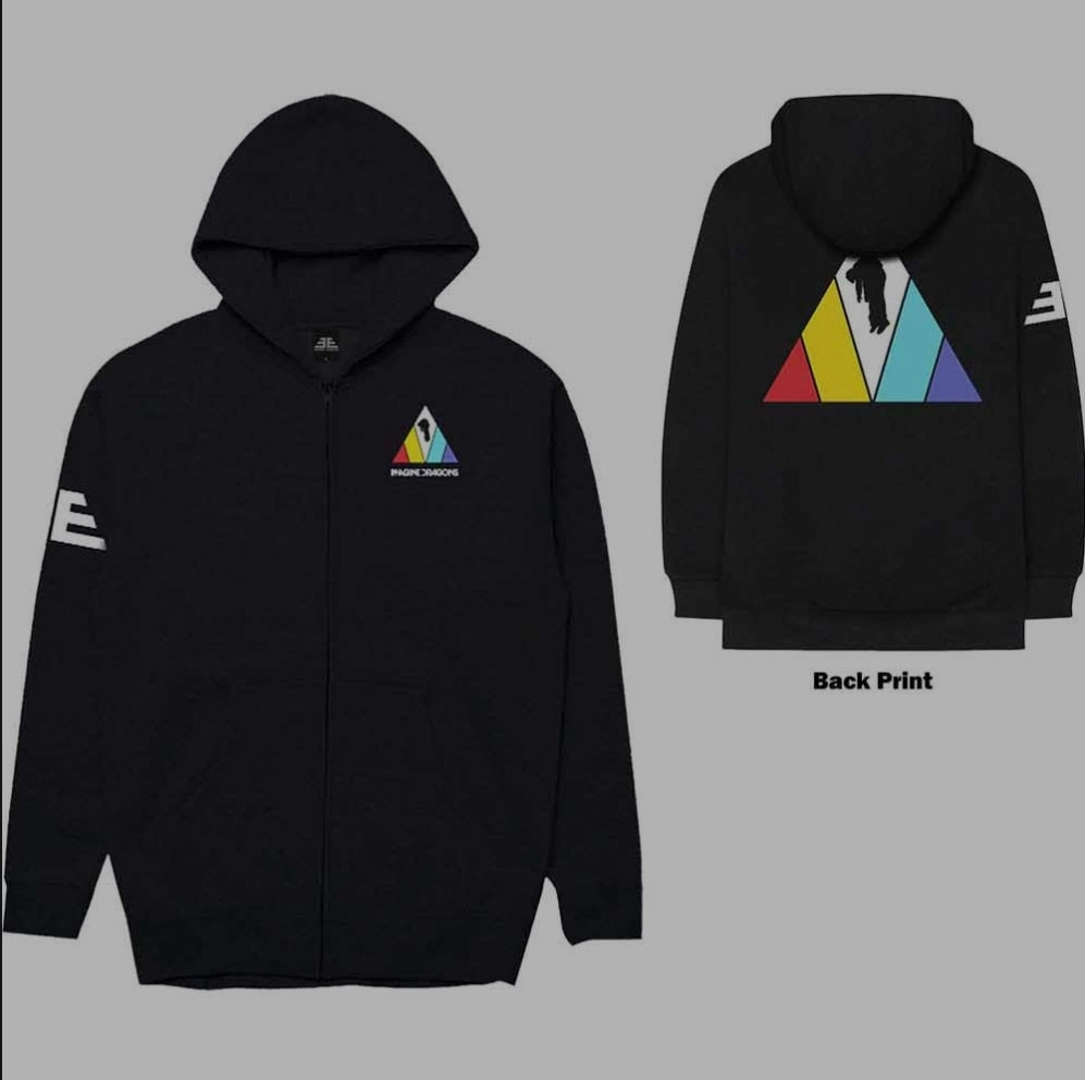 Official Licensed Imagine Dragons 'Triangle Logo' Zipped Hoodie - Unisex Black Front & Back Print