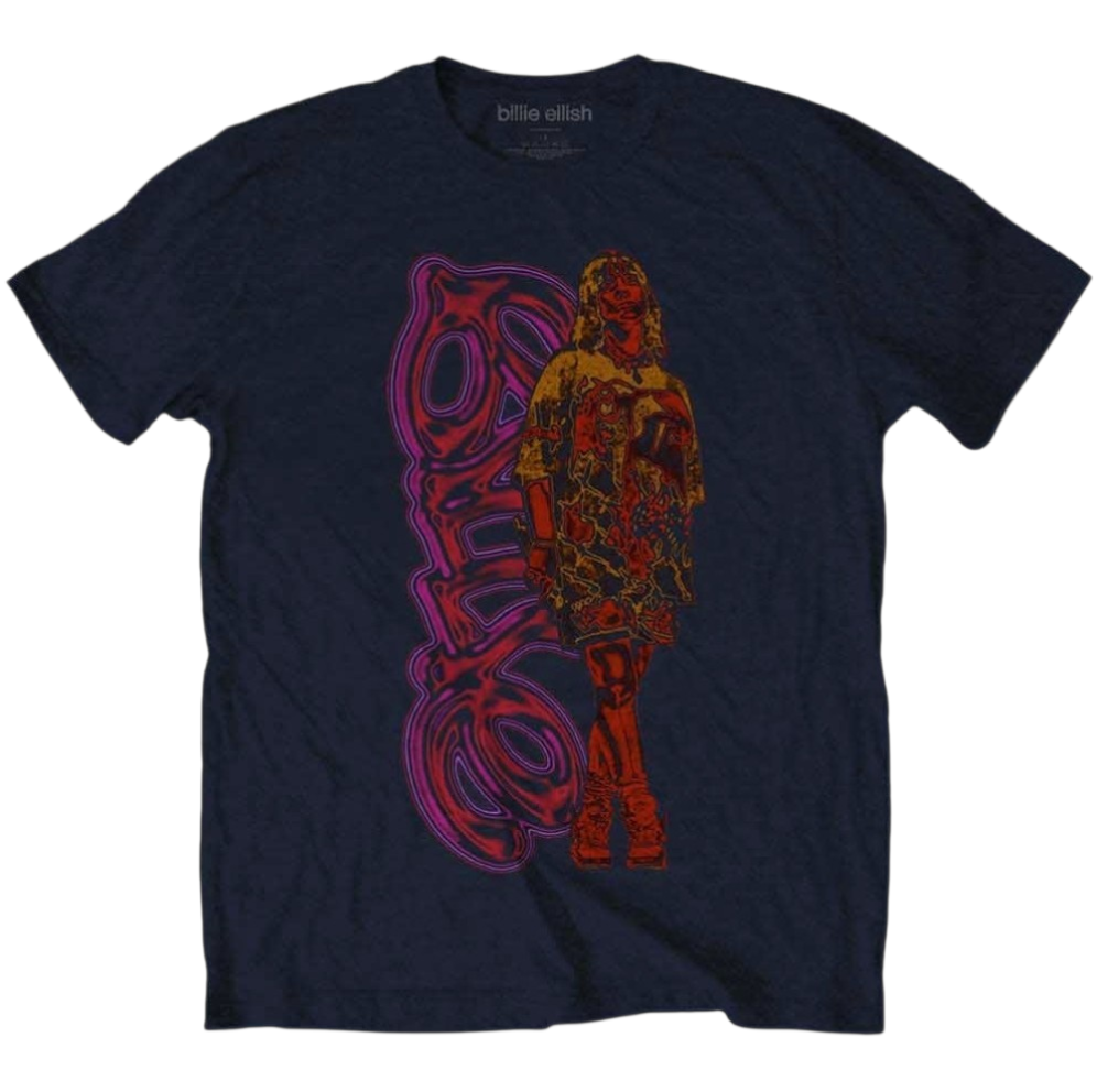 Official Licensed Billie Eilish 'Neon Logo & Billie' T-Shirt - Unisex Navy Blue Front Print