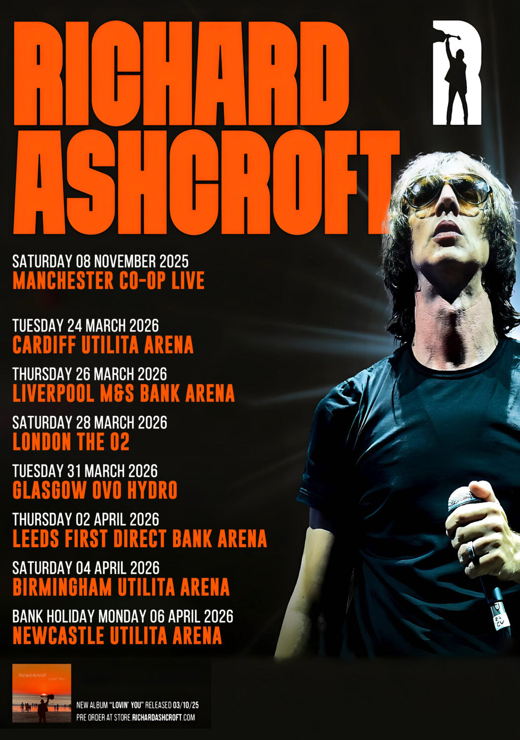 Official Licensed Richard Ashcroft 'Guitar All Over Print' T-Shirt - Unisex Black Recycled Blend