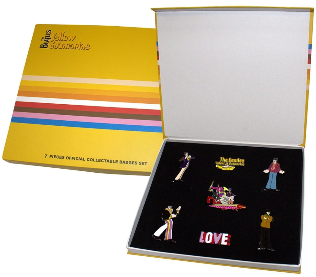 Official The Beatles Yellow Submarine Band Pin Badge Set - 7 Large 70mm Zinc Alloy Enamel Pins in Lined Card Box