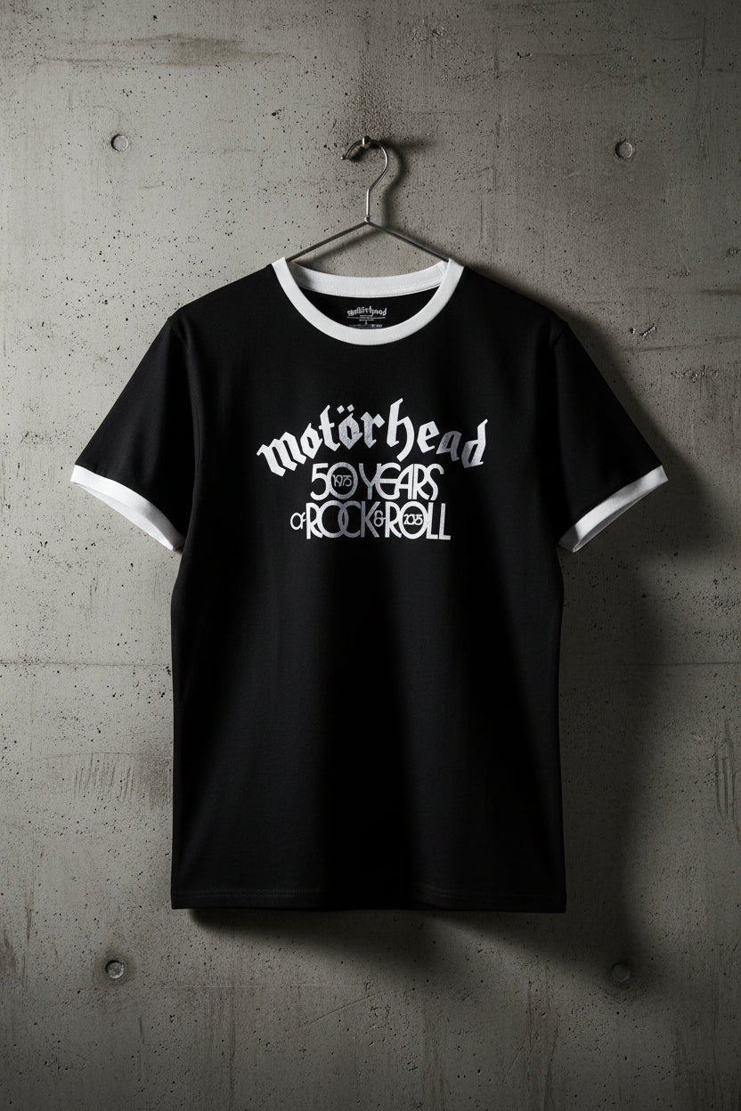 Motorhead: 50 Years Text Lock Up Unisex Ringer T-Shirt (Black)