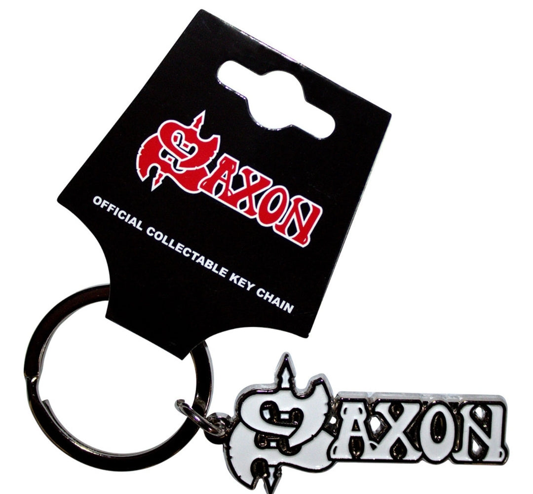 Saxon 'White Logo' Keychain – Official Licensed Matt Silver Coloured Metal Keyring