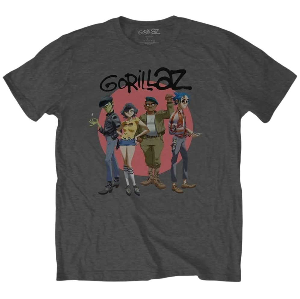 Official Licensed Gorillaz 'Group Circle Rise' T-Shirt - Unisex Charcoal Grey Front Print