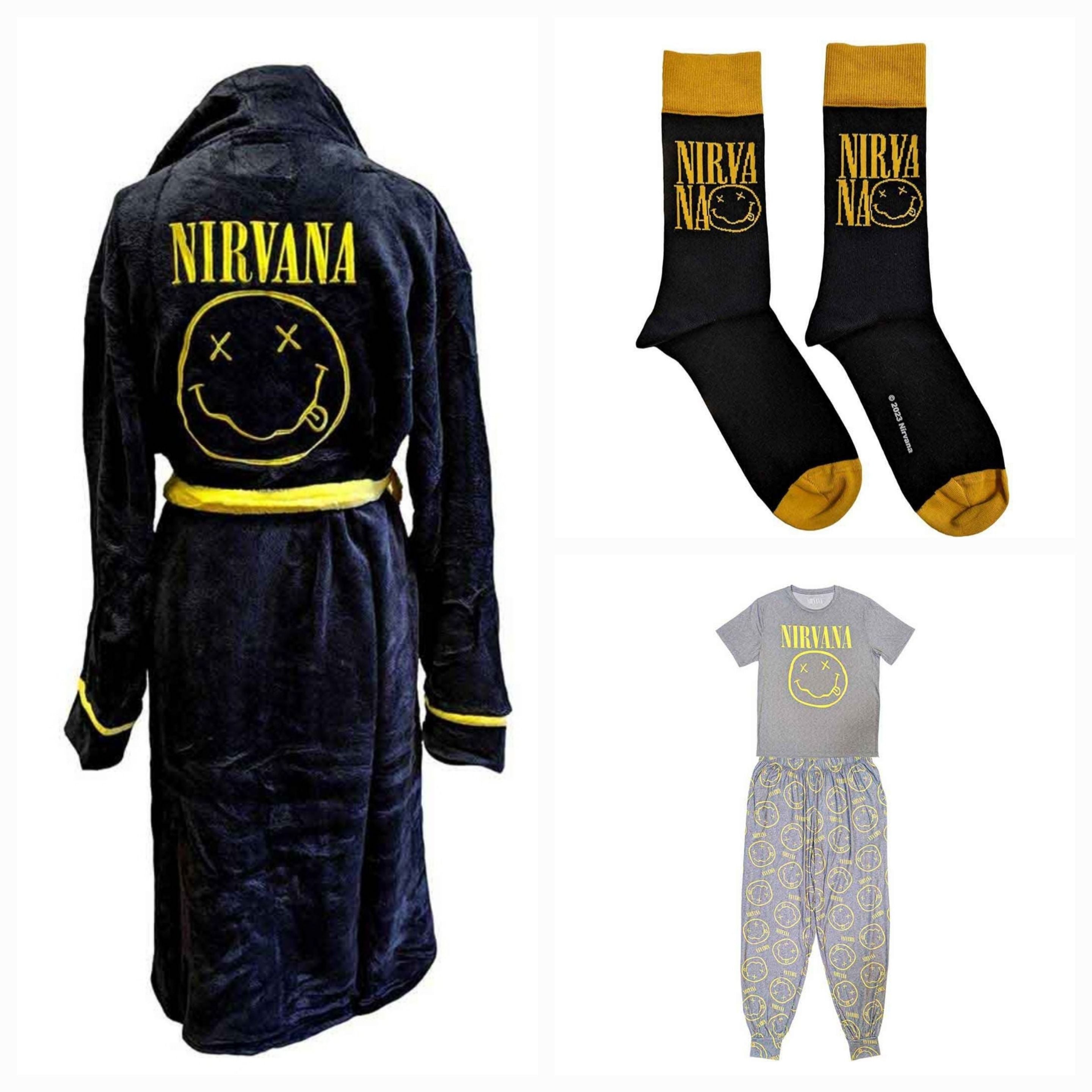Official Nirvana Deluxe Lounge Bundle – Smiley Pyjama Set + Fleece Dressing Gown + Socks