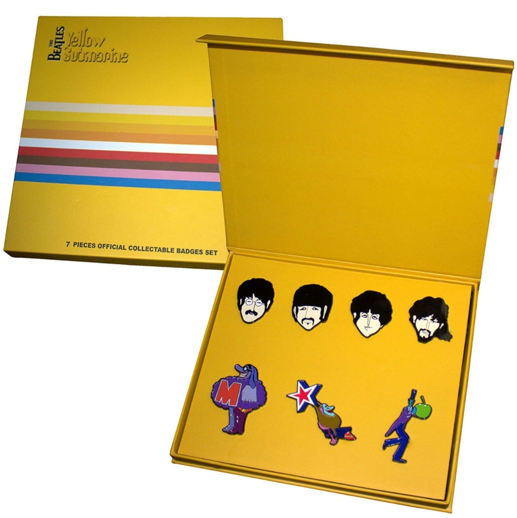 Official The Beatles Yellow Submarine Characters Pin Badge Set - 7 Zinc Alloy Enamel Pins in Heavy Duty Card Box